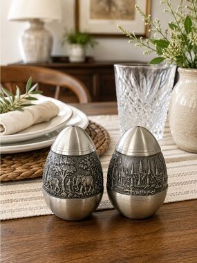Decorative Pewter-Gray Carved Egg Salt & Pepper Shakers - Home Dining Serveware